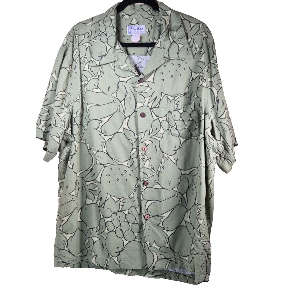Kalakaua Hawaiian Shirt Mens XXL Sage Green Fruit Foliage Tropical Rayon Vintage